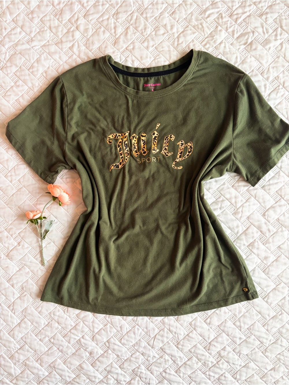 Juicy Couture Sport Leopard Logo Tee Olive Green Short Sleeve Top M